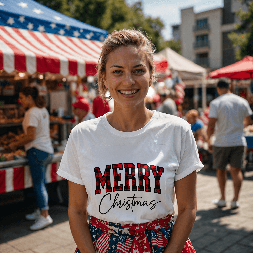 Merry Christmas Plaid Design White T-Shirt
