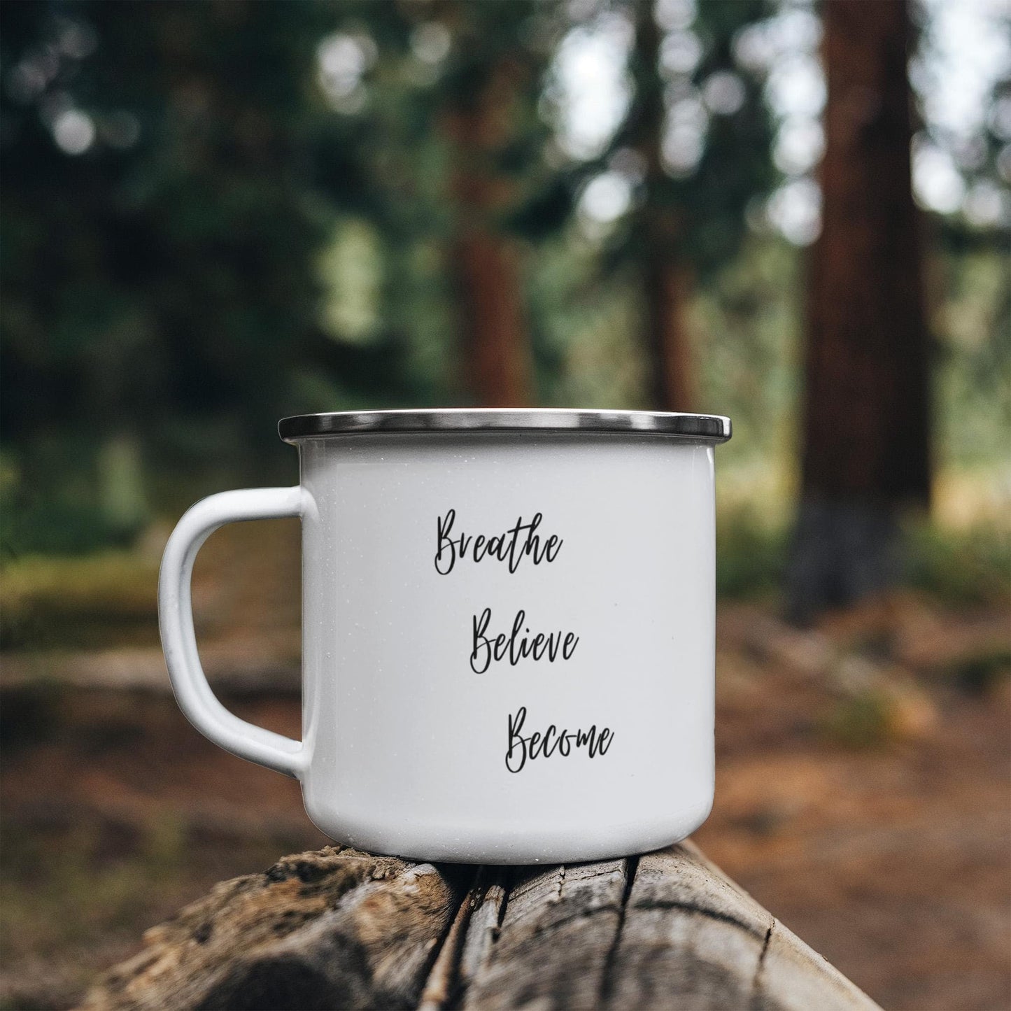 Breathe. Believe. Become. Simple Design Camping Mug.