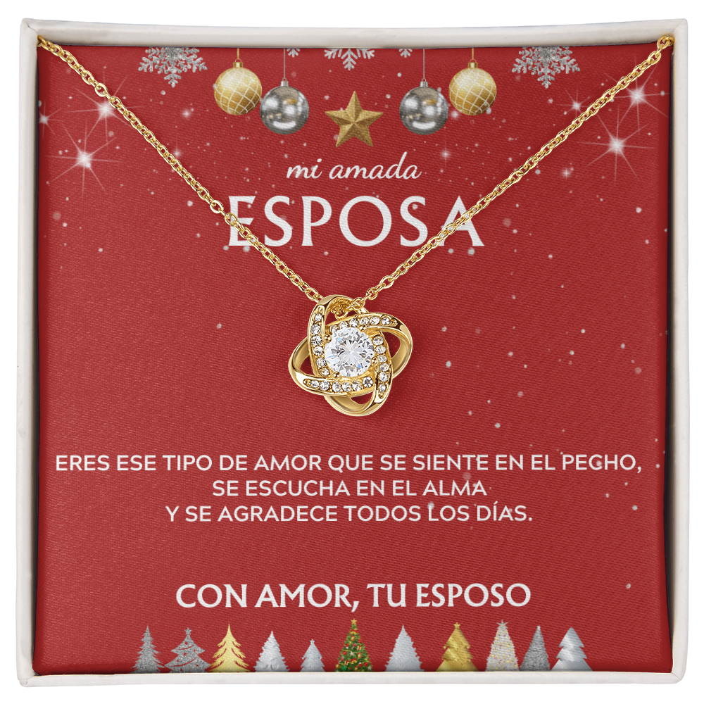 Mi amada esposa... con amor, tu esposo. Tarjeta navideña con collar de nudo de amor.
