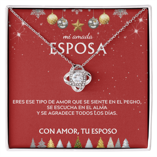Mi amada esposa... con amor, tu esposo. Tarjeta navideña con collar de nudo de amor.