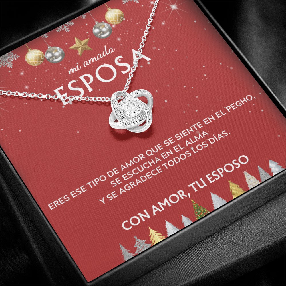 Mi amada esposa... con amor, tu esposo. Tarjeta navideña con collar de nudo de amor.
