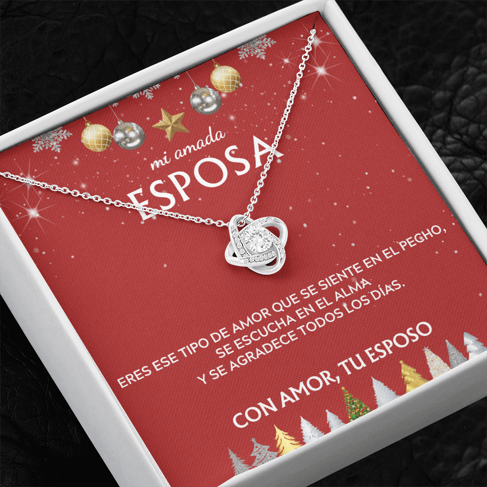 Mi amada esposa... con amor, tu esposo. Tarjeta navideña con collar de nudo de amor.