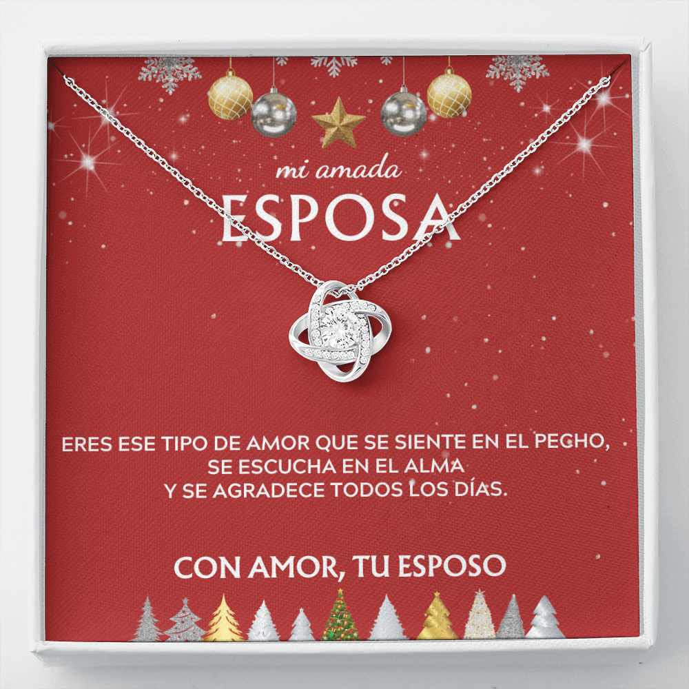 Mi amada esposa... con amor, tu esposo. Tarjeta navideña con collar de nudo de amor.