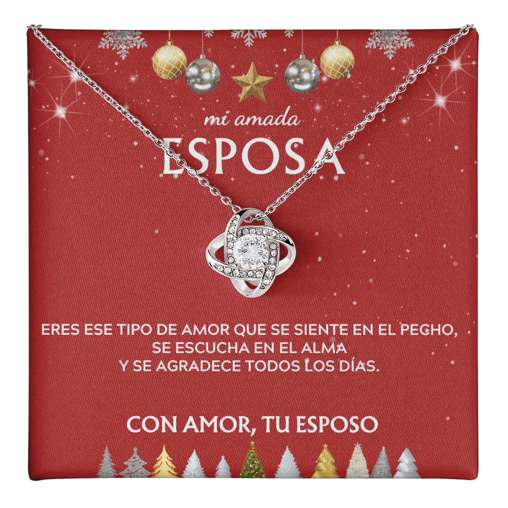 Mi amada esposa... con amor, tu esposo. Tarjeta navideña con collar de nudo de amor.