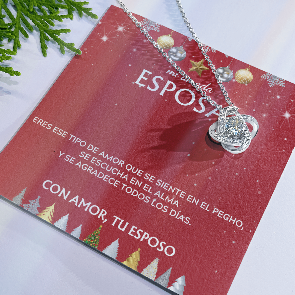 Mi amada esposa... con amor, tu esposo. Tarjeta navideña con collar de nudo de amor.