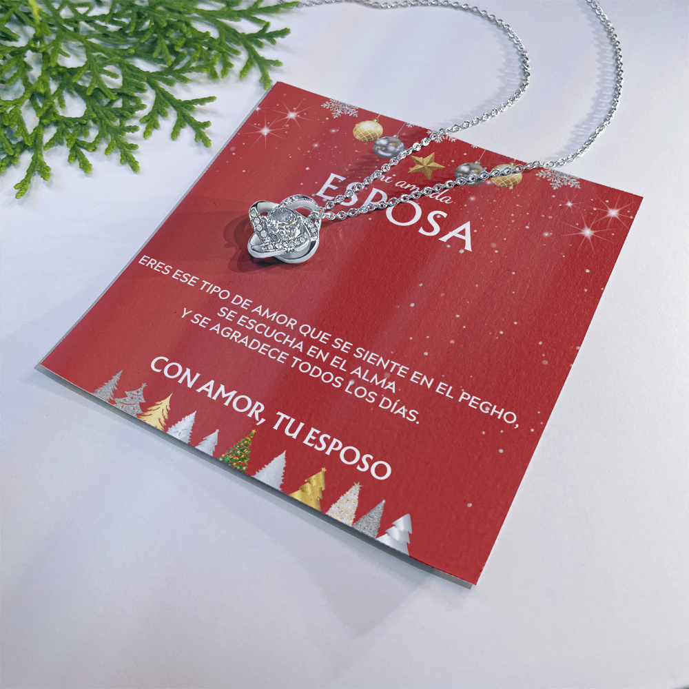 Mi amada esposa... con amor, tu esposo. Tarjeta navideña con collar de nudo de amor.