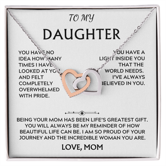 To Daughter, from Mom. Loving, heartfelt, warmhearted necklace.