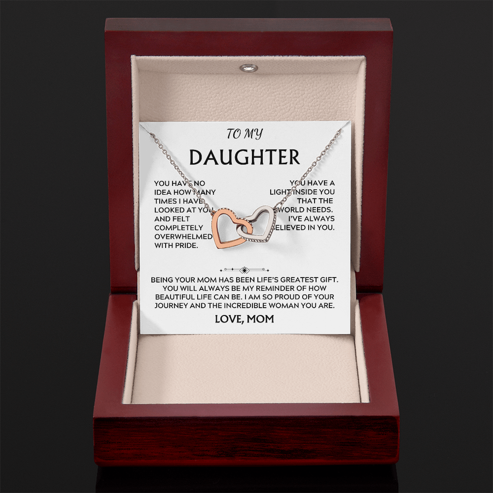 To Daughter, from Mom. Loving, heartfelt, warmhearted necklace.