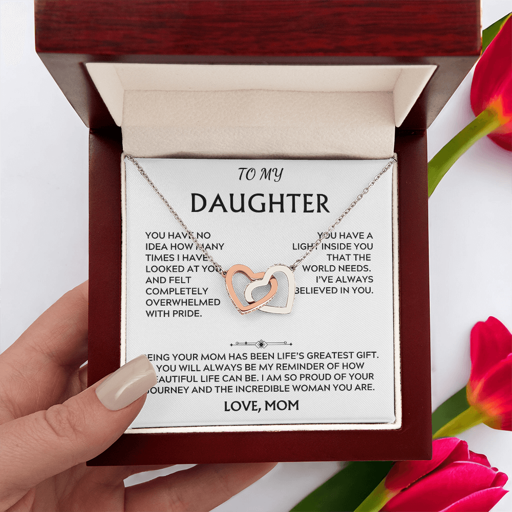 To Daughter, from Mom. Loving, heartfelt, warmhearted necklace.