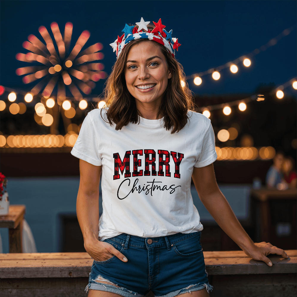 Merry Christmas Plaid Design White T-Shirt