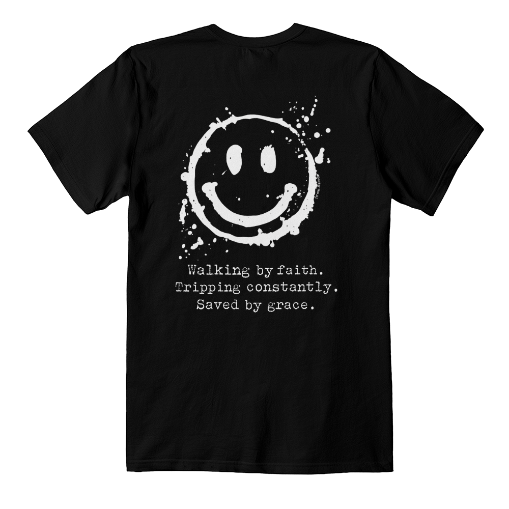 T-shirt. Walking by faith. Tripping constantly. Saved by grace. Black.