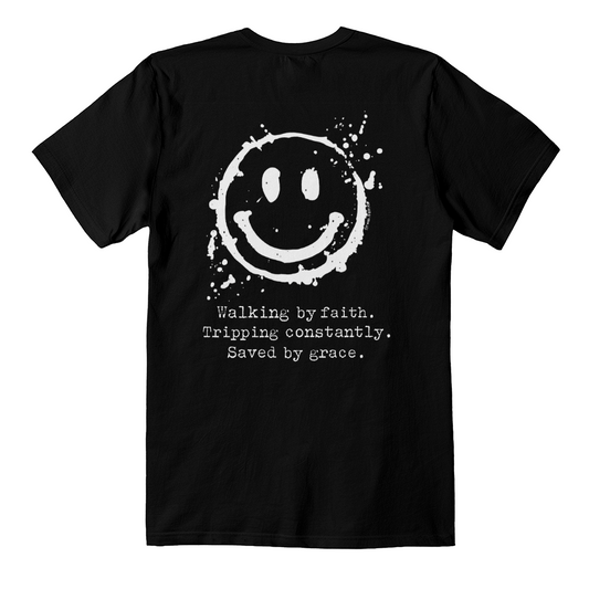 T-shirt. Walking by faith. Tripping constantly. Saved by grace. Black.