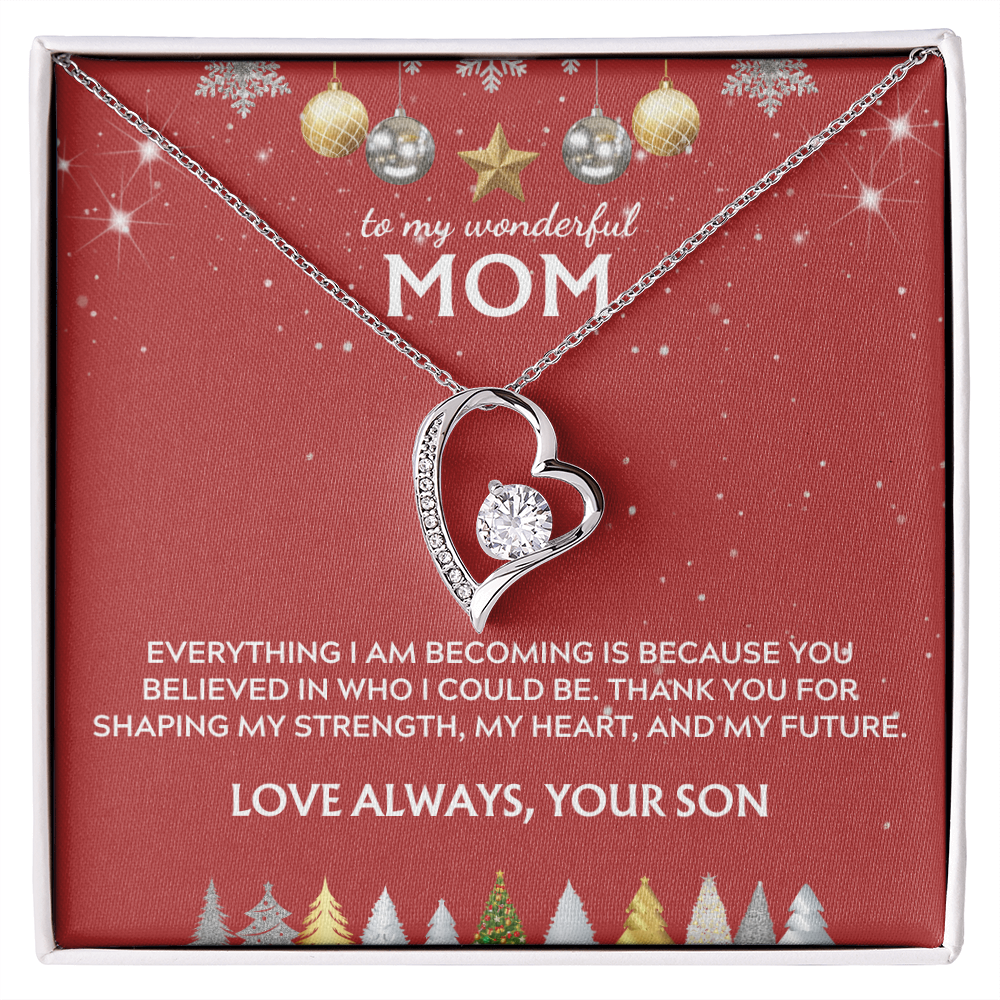 To Mom, from Son. Thank you for believing in me. Holiday card.