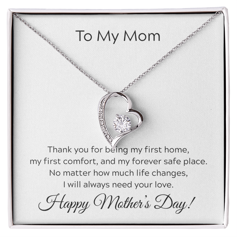 Mother's Day necklace with message card. Forever Love necklace. White gold and yellow gold.