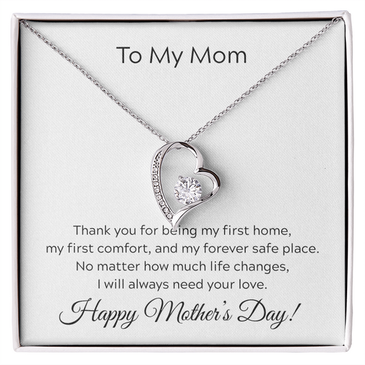 Mother's Day necklace with message card. Forever Love necklace. White gold and yellow gold.
