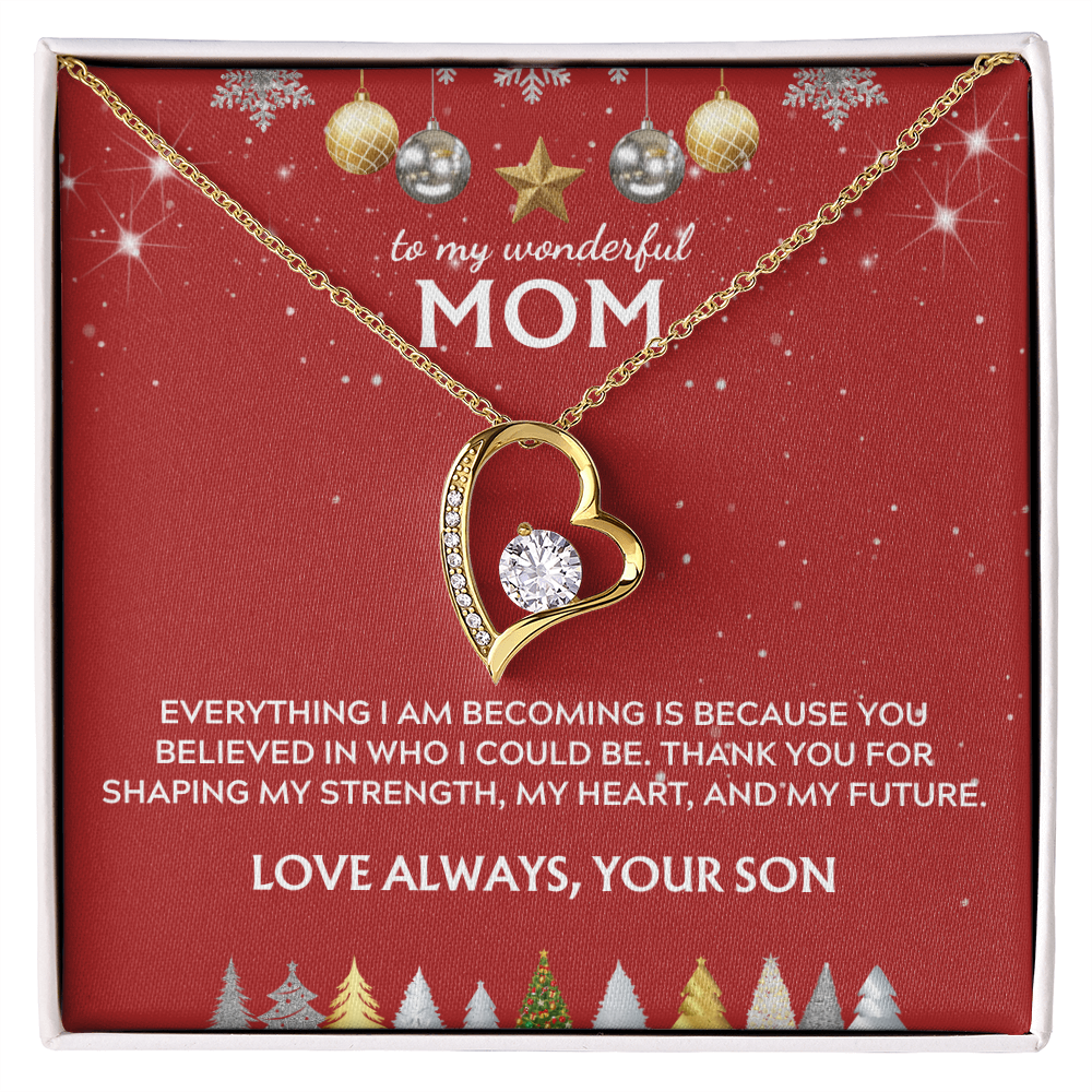 To Mom, from Son. Thank you for believing in me. Holiday card.