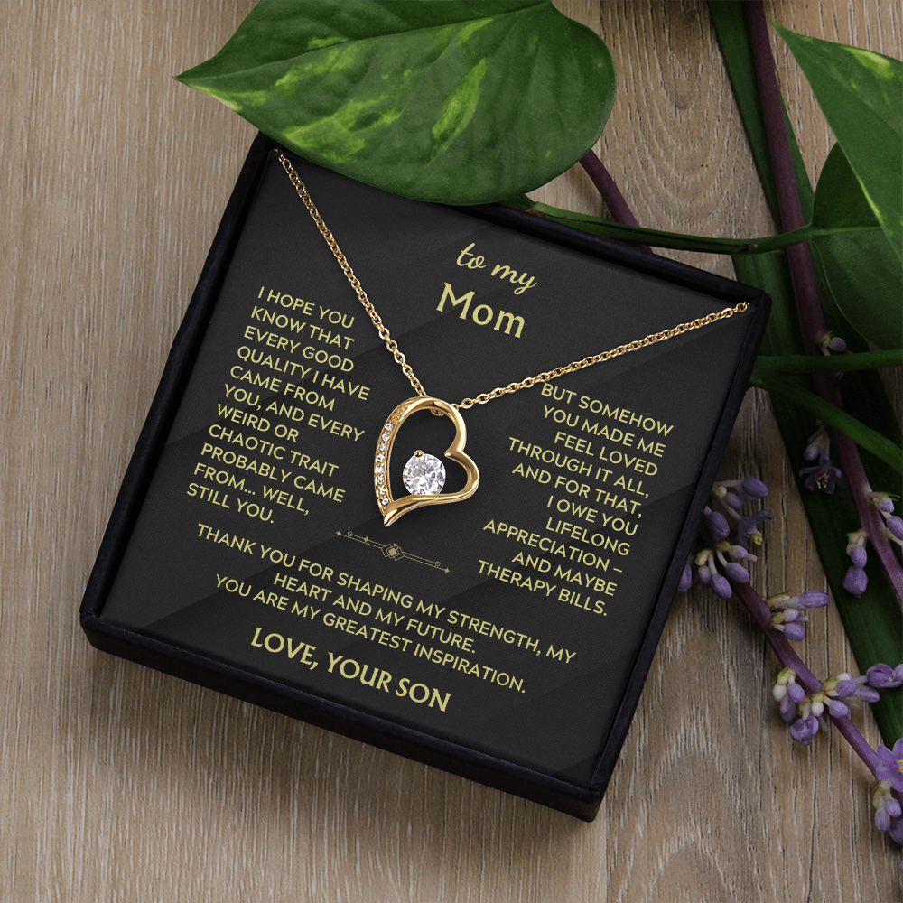 To Mom, from Son. Silly, witty, heartfelt necklace.