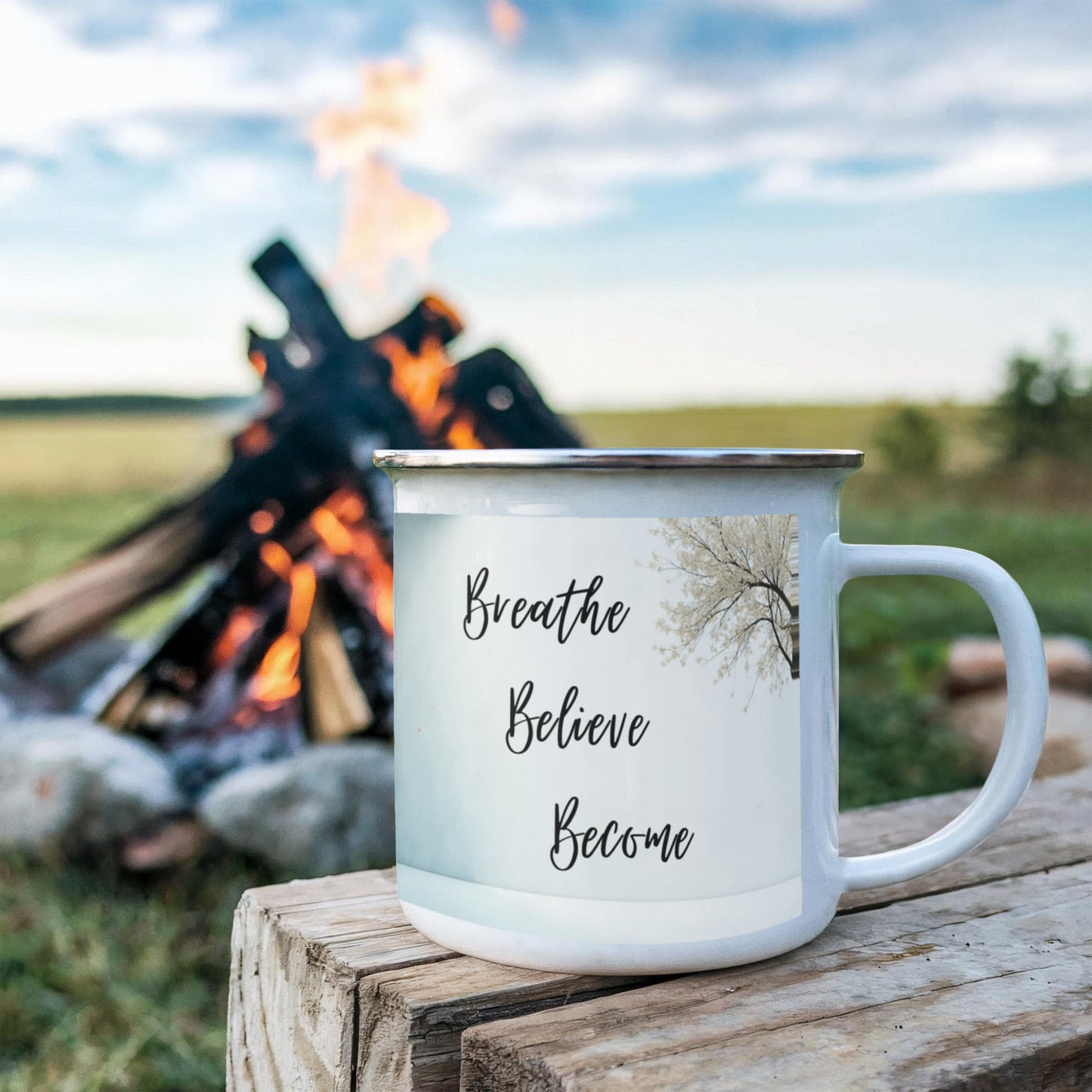 Breathe. Believe. Become. Camping Mug.