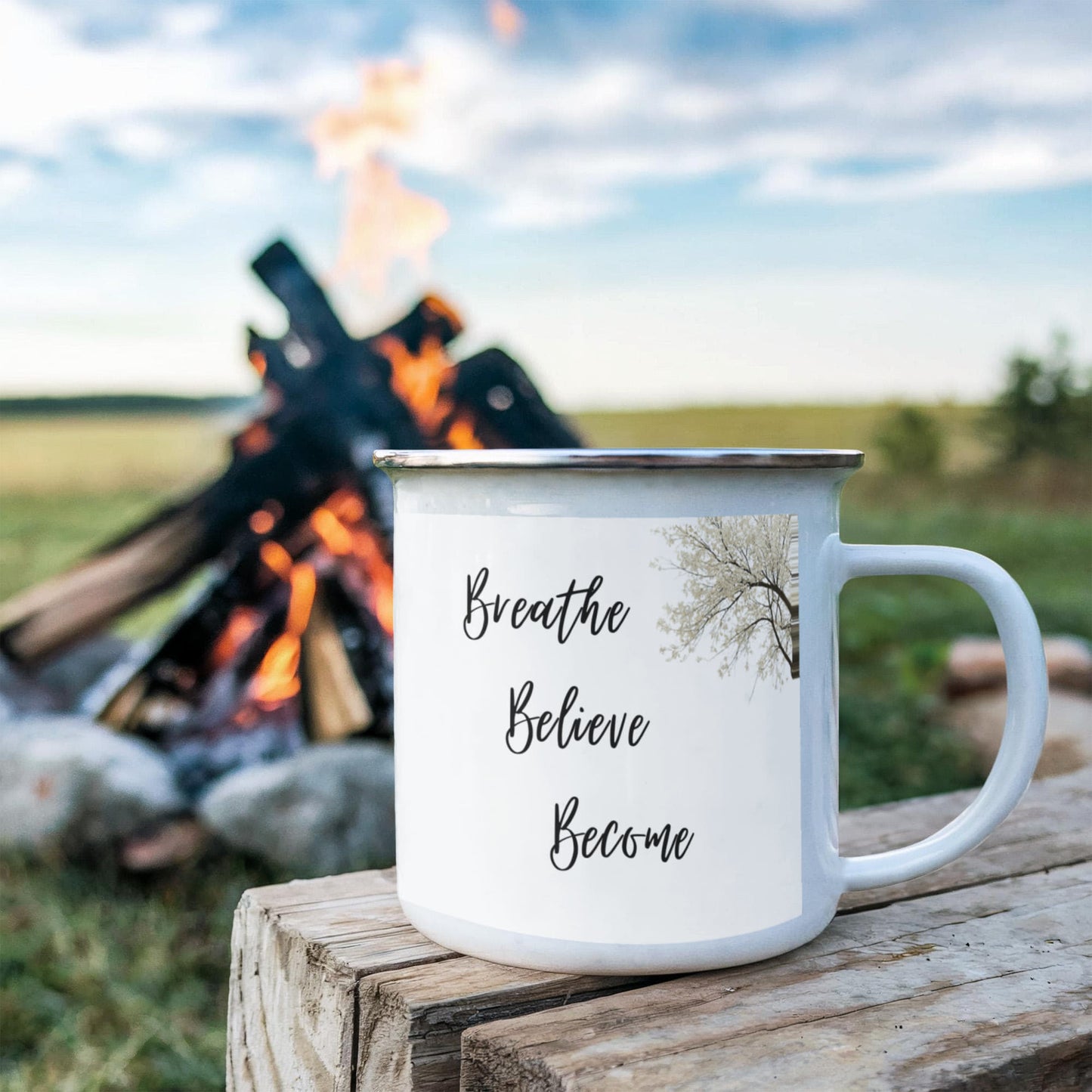 Breathe. Believe. Become. Simple Design Camping Mug.