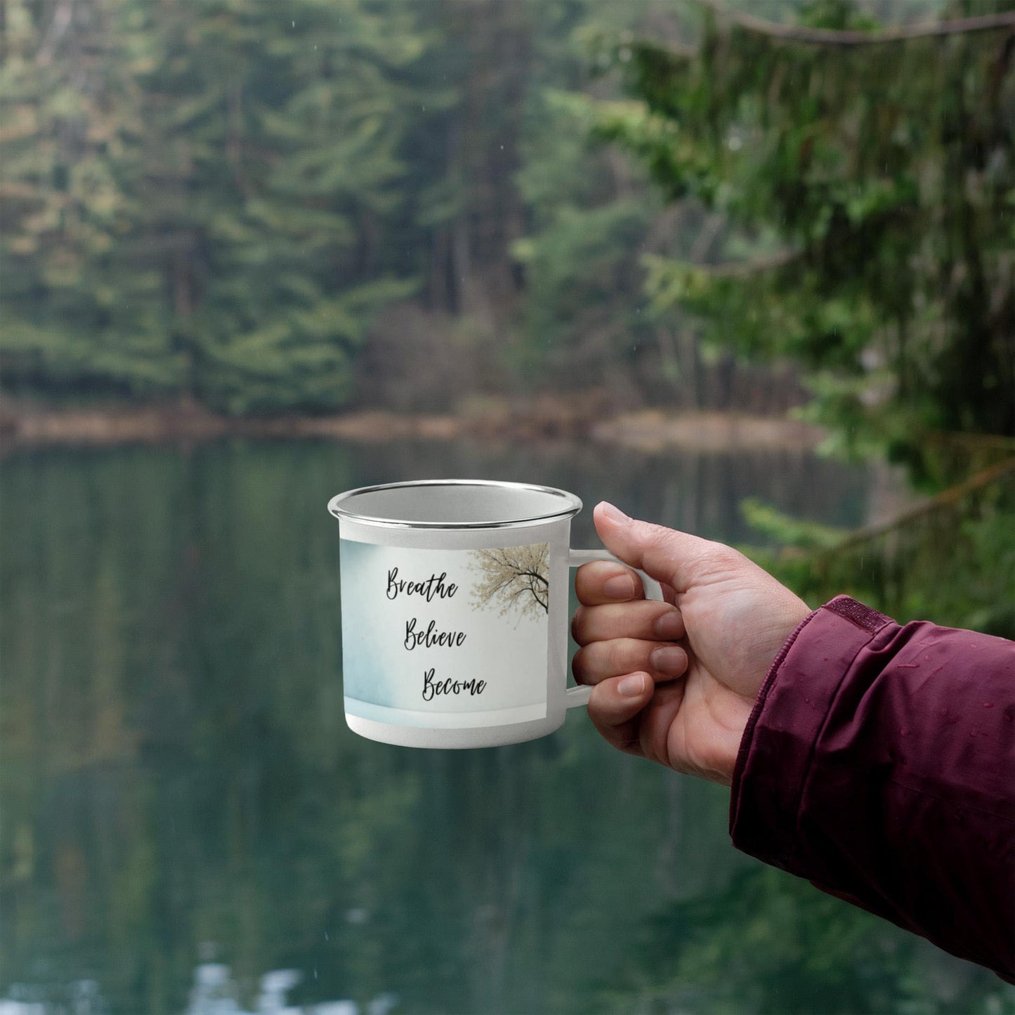 Breathe. Believe. Become. Camping Mug.