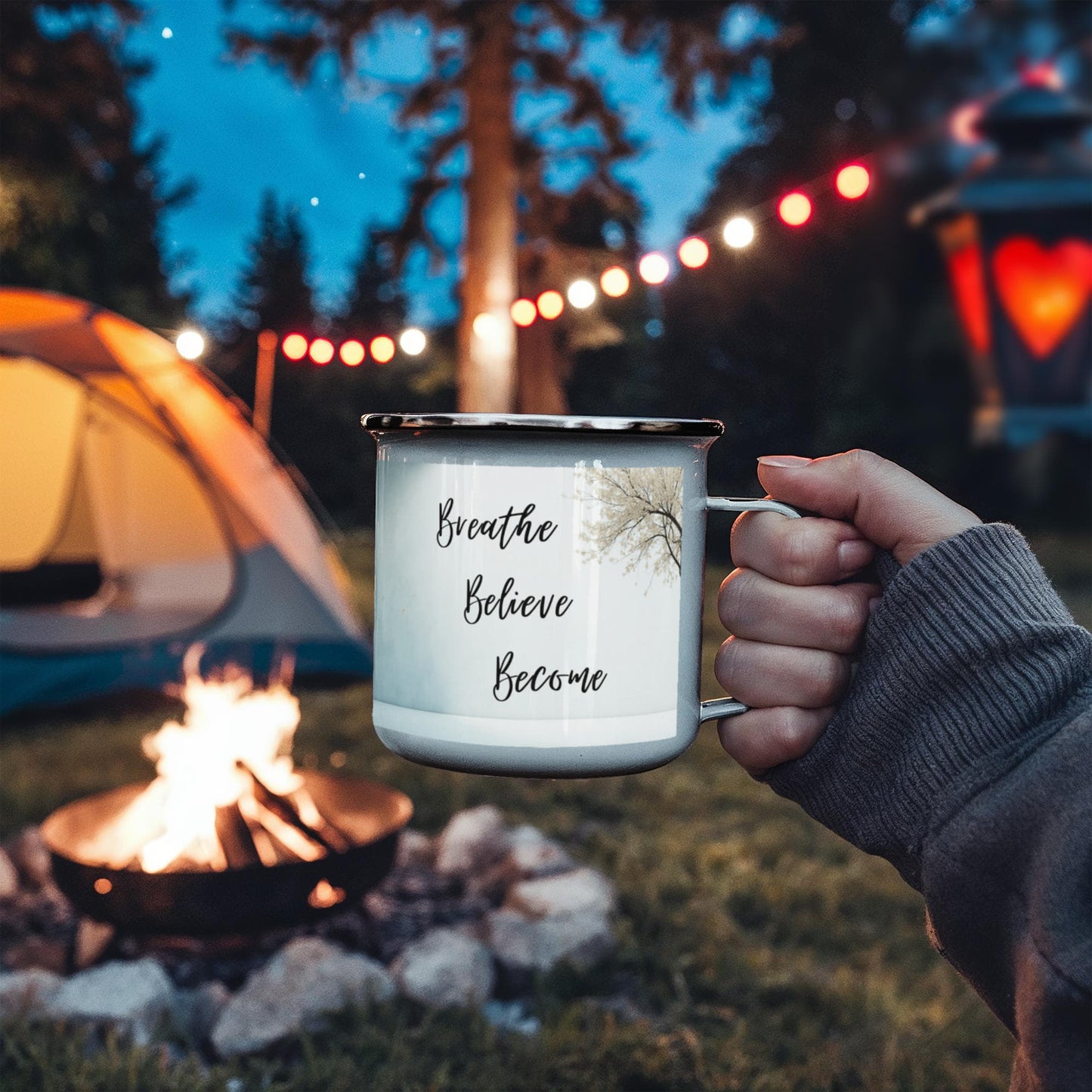 Breathe. Believe. Become. Camping Mug.