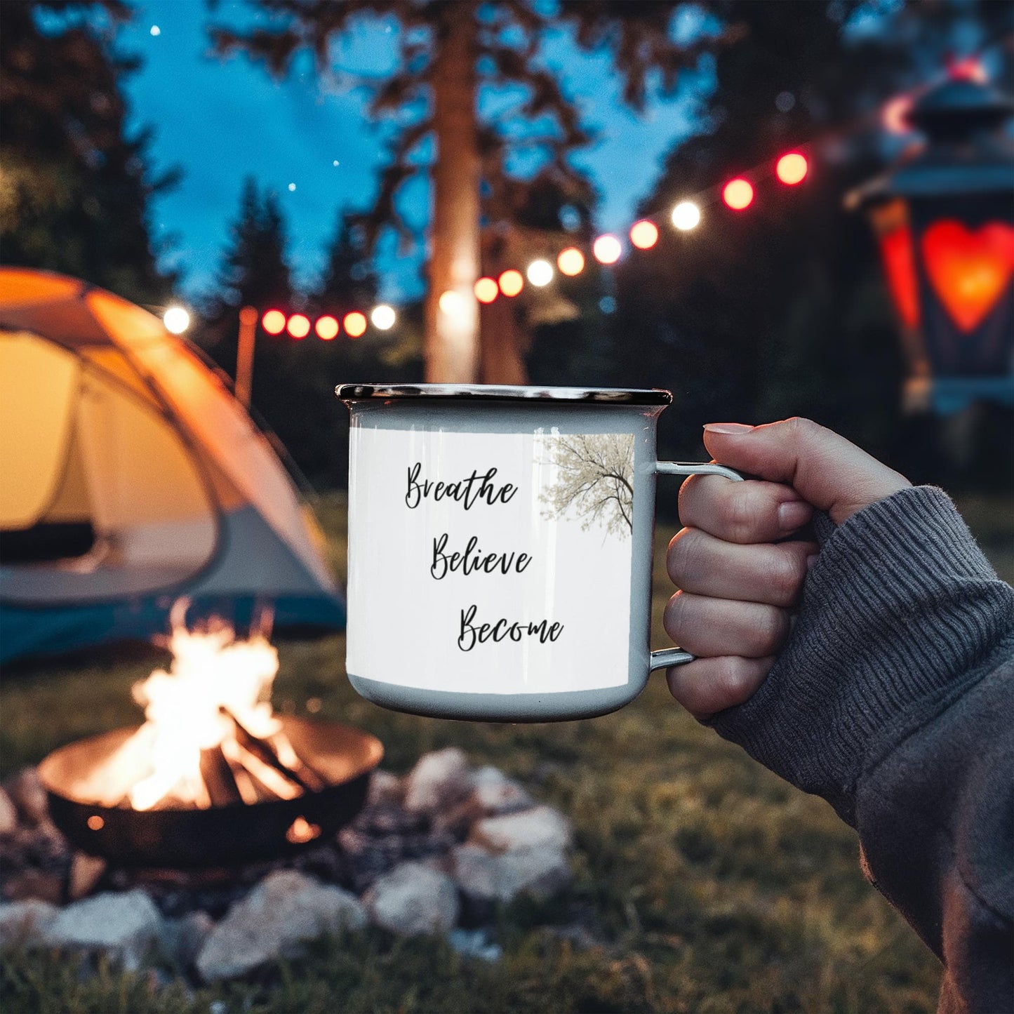 Breathe. Believe. Become. Simple Design Camping Mug.