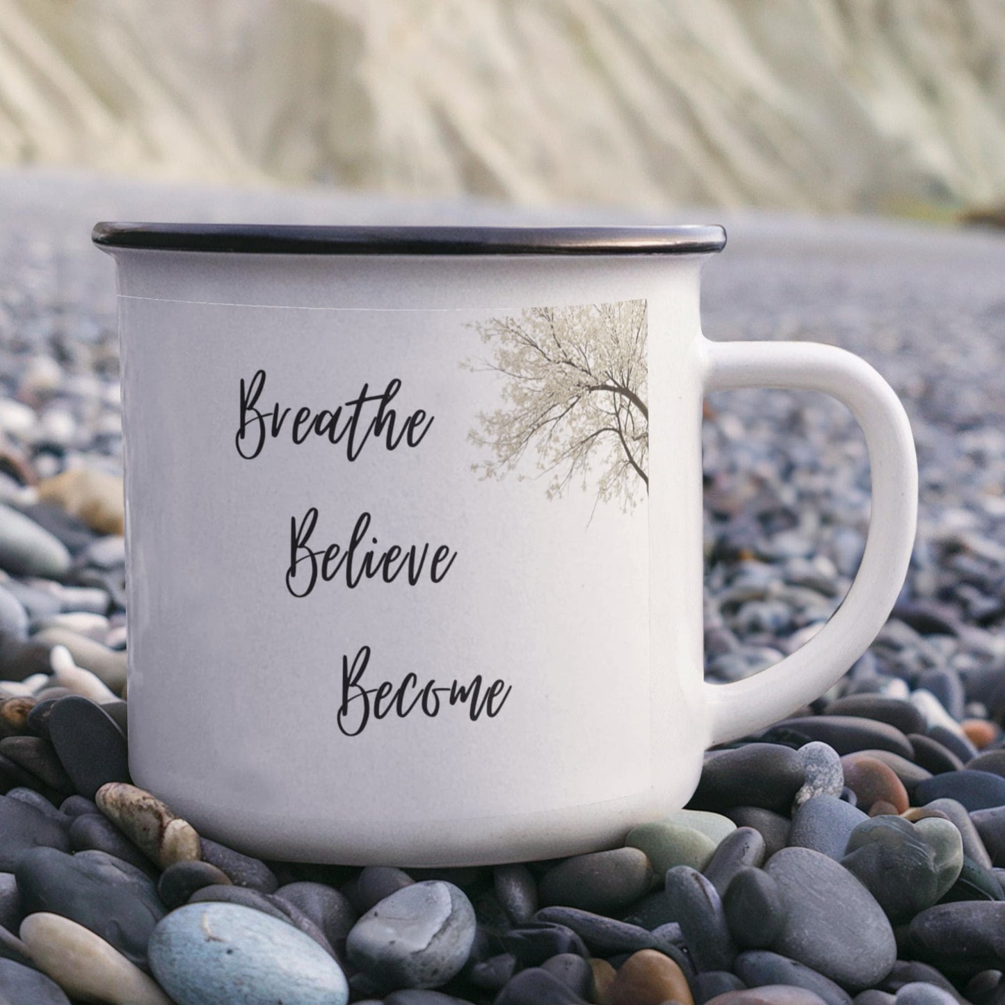 Breathe. Believe. Become. Simple Design Camping Mug.